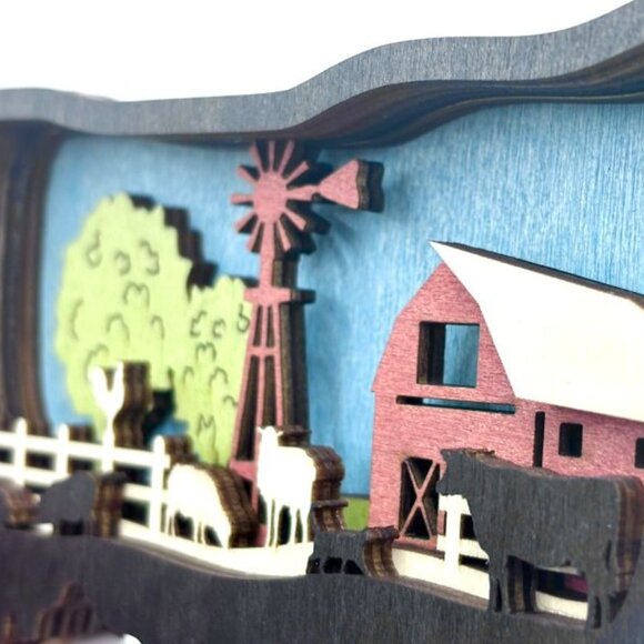 Country Farmhouse Decor Cow Farm Wood Wooden 3D Diorama Sculpture Figure New - Picture 4 of 7